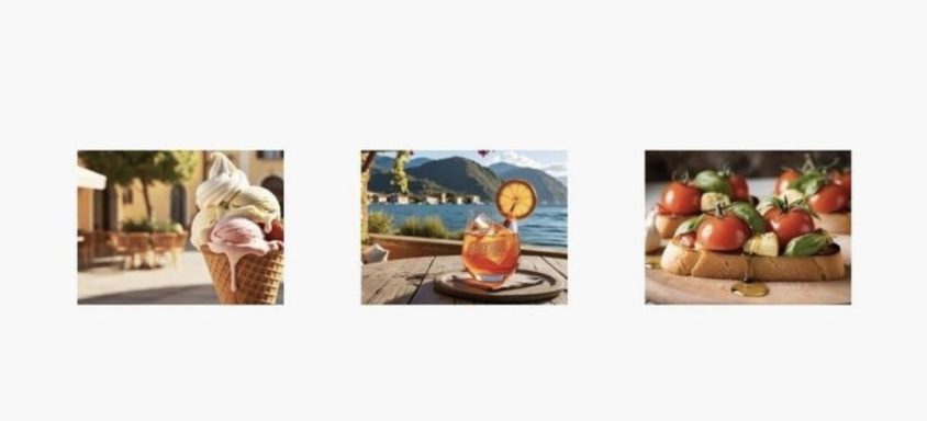 Drie foto's: ijsjes in een bakje, fruitschotel en een schilderachtig uitzicht met fruit.